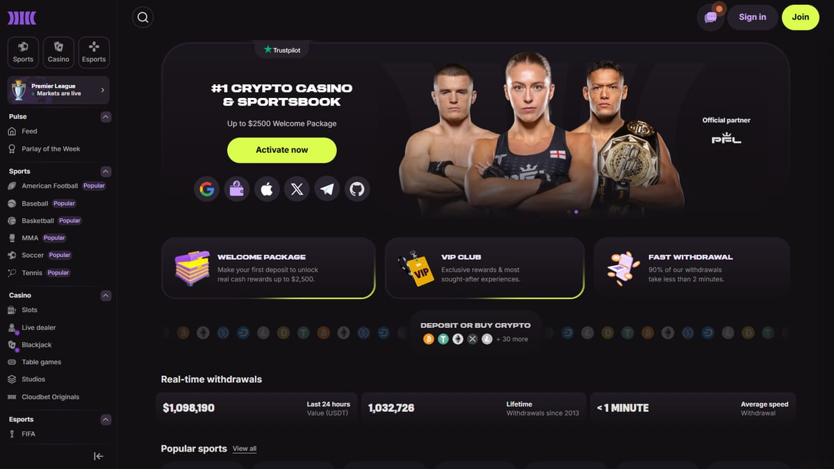 Cloudbet ana sayfası, masaüstü görünüm