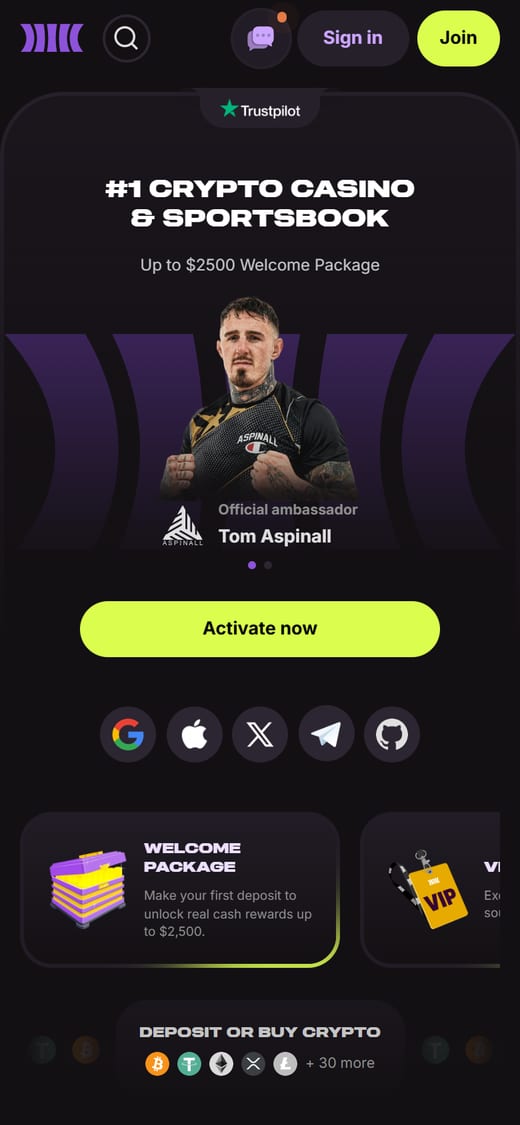 Cloudbet ana sayfası, mobil görünüm