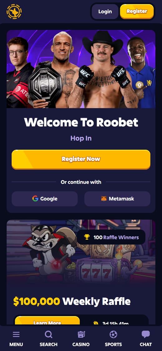 Roobet ana sayfası, mobil görünüm