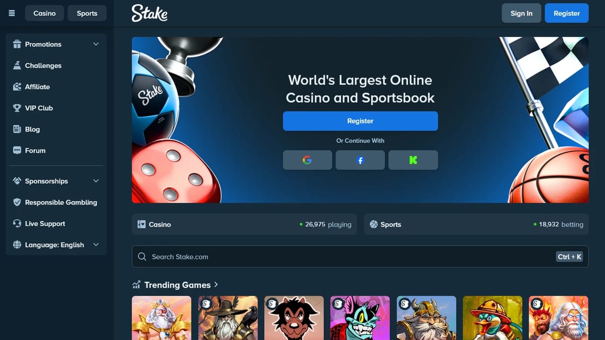 Stake ana sayfası, masaüstü görünüm